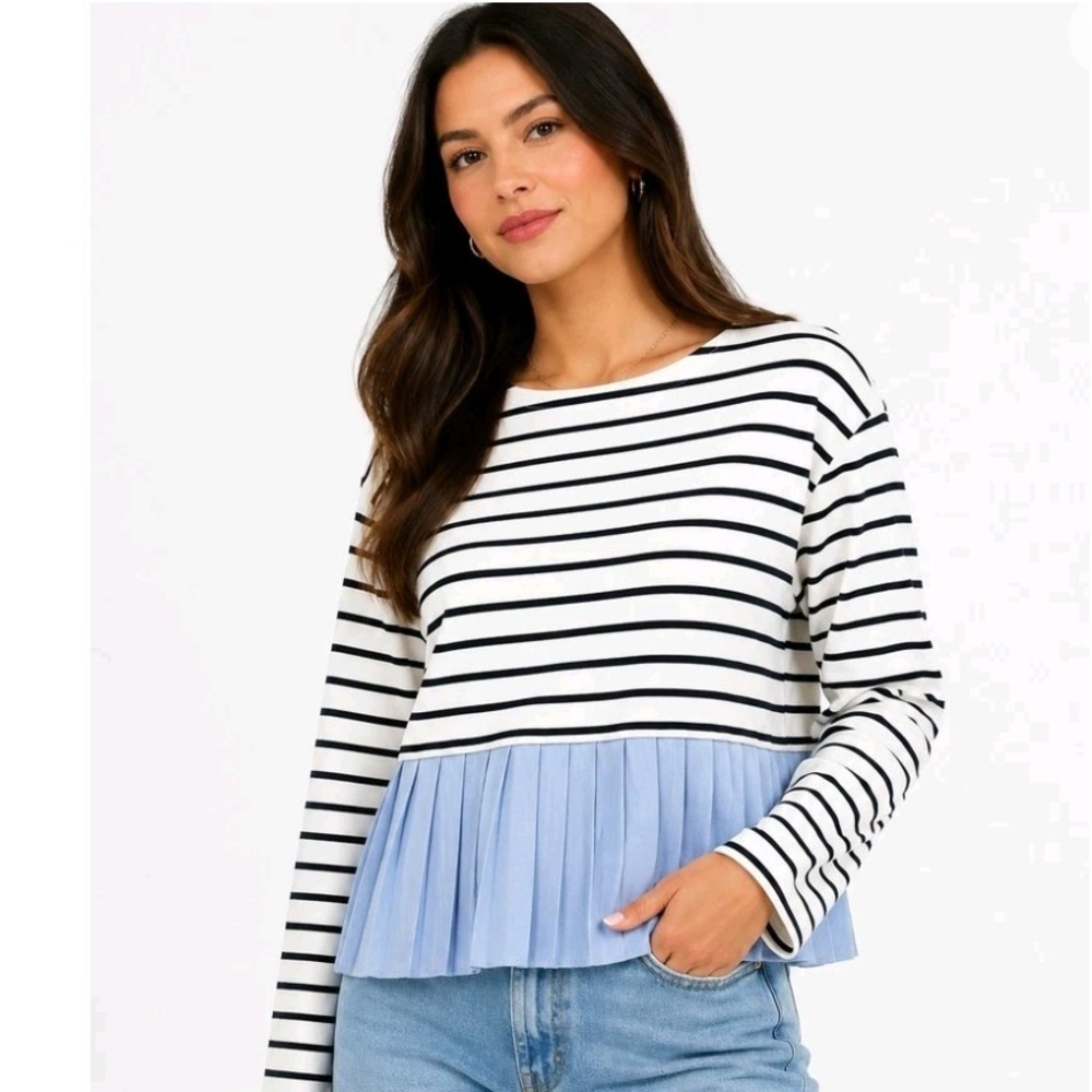 Anthropologie Deletta Striped Long Sleeve Pleated Top‎ Nautical Preppy Sz M